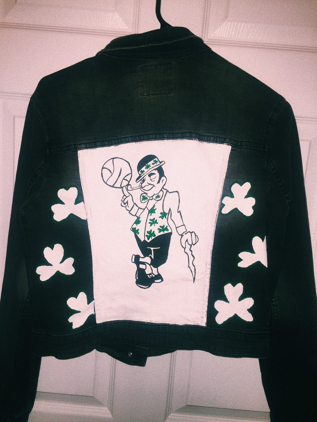 Boston Celtics Hand Painted Black Denim Jacket - Logo