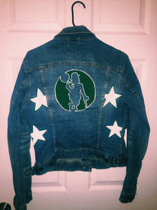 Boston Celtics Hand Painted Dark Blue Denim Jacket - Translucent Logo