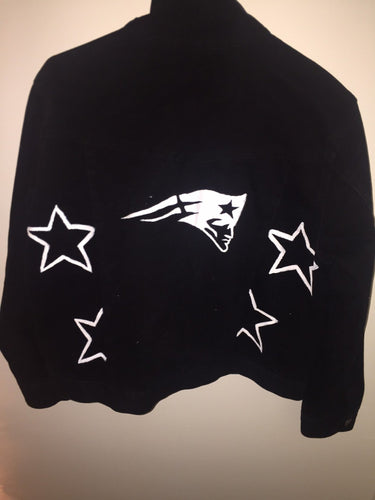 Hand Painted Patriots Black Denim Jacket - White Logo