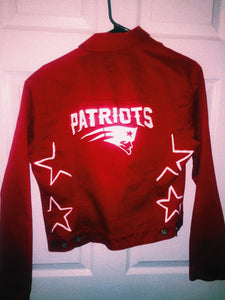 Hand Painted Patriots Red Denim Jacket - Letters & Logo