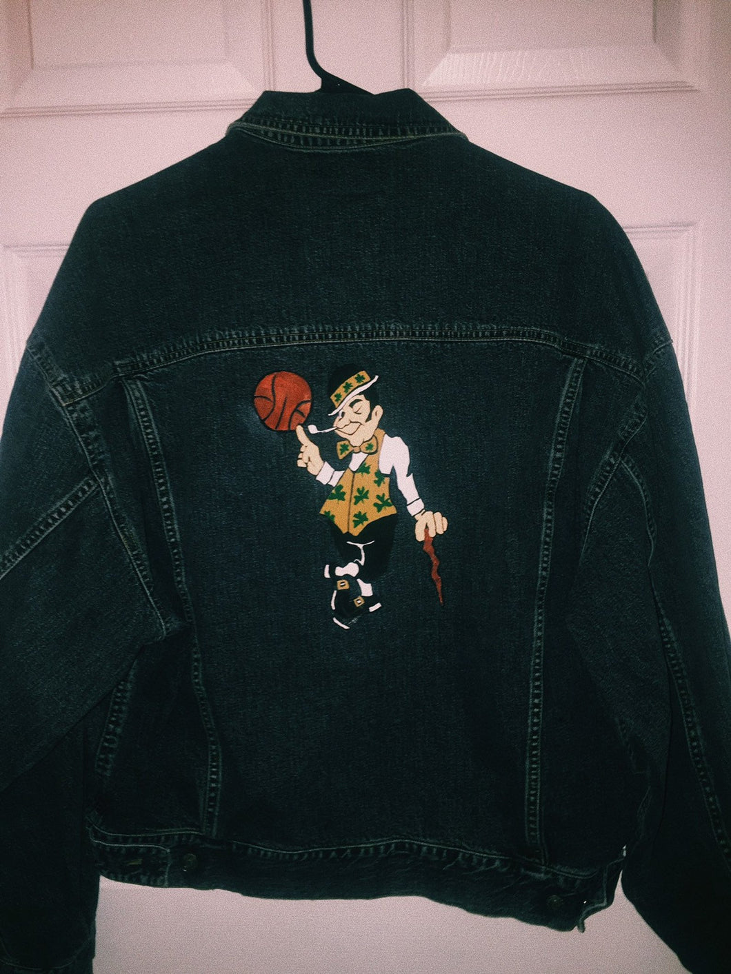 Boston Celtics Hand Painted Black Denim Jacket - Logo